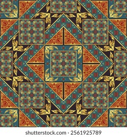 Intricate Thai Art Design with Red, Gold, and Teal Geometric Motifs, Symmetrical Patterns, and Ornamental Details - Perfect for Textiles, Home Decor, and Traditional Cultural Projects