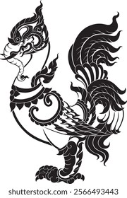 Intricate Thai mythical bird design featuring traditional curves and flowing details, perfect for luxury packaging, fabric prints, tattoo art, and cultural branding projects.