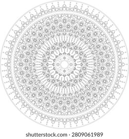 Intricate Thai pattern mandala line art with floral motifs. Elegant black and white circular ornament for adult coloring books, relaxation, mindfulness, printable pages, and decorative design.