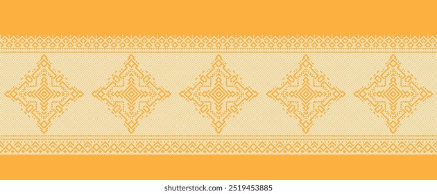 Intricate Thai textile pattern with geometric shapes and a warm yellow background.
Traditional Thai fabric design featuring intricate woven motifs in gold and cream. seamless patterns.