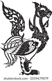 Intricate Thai traditional bird illustration in black silhouette. Perfect for tattoo design, cultural projects, and ornamental art lovers.