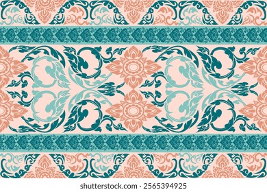 Intricate Thai Traditional Pattern with Decorative Swirls, Floral Motifs, and Teal, Peach, and Mint Green Color Palette - Perfect for Wallpapers, Textile Designs, Home Decor, and Digital Artwork