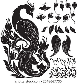 Intricate Thai traditional peacock pattern vector set, ideal for use in textile design, tattoos, digital art, packaging, logos, and home decor.