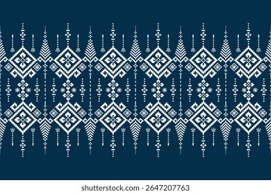 Intricate Thai Tribal Pixel Art Padrão Perfeito com Motivos Centrais em Azul Escuro. Design têxtil digital estilo bordado étnico tradicional.