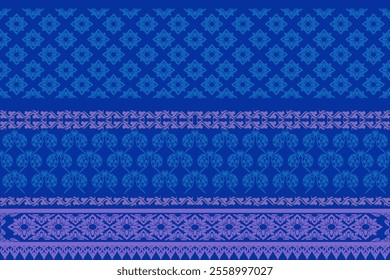 Intricate Thai-Inspired Blue and Purple Ornamental Pattern with Floral Borders, Geometric Motifs, and Seamless Traditional Design – Perfect for Textiles, Wallpapers, and Cultural Art Prints