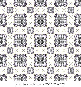 Intricate Tile Pattern with Floral and Cross Motifs A detailed repeating tile pattern featuring floral and cross motifs in black and gray on a white background, ideal for decor and textiles.
