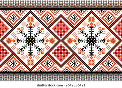 Intricate traditional ethnic seamless pattern inspired by Slavic and Ukrainian embroidery. Features bold geometric motifs in red, black, and white, with small yellow accents. Ideal for textiles, folk 
