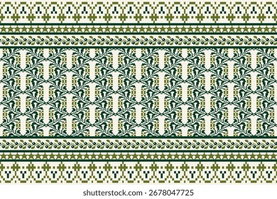 Intricate traditional pixel textile pattern in “Olive Forest Green” tones. Ideal for fabrics, wallpapers, cultural design projects, packaging, and vintage or ethnic-inspired creative works.