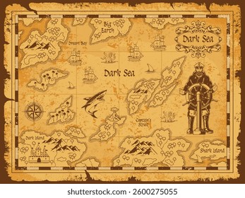 An intricate treasure map displays various islands within the Dark Sea marked with sea routes ships and landmarks such as Dream Bay and Shark Island.