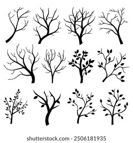 Intricate Tree Branches Silhouette Set with Detailed and Natural Design | Elegant and Versatile | Flat Vector Illustration