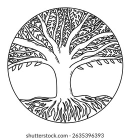Intricate Tree of Life Yoga Design in a Circle with Roots and Branches Illustration. Detailed line art of a tree enclosed in a circle, showcasing its roots and branching canopy. Perfect for symbolic 