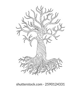Intricate tree silhouette design showcasing roots and branches in elegant doodle artistry