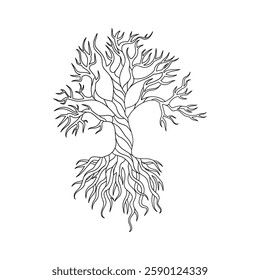 Intricate tree silhouette design showcasing roots and branches in elegant doodle artistry