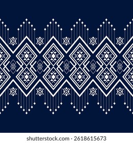 Intricate tribal border pattern in navy and white, ideal for fashion design, digital fabric print, and ethnic textile decoration.