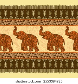 Intricate Tribal Elephant Pattern with Geometric and Ornamental Borders African Style in Earthy Tones textile, prints, phone case, greeting card, background, printed fabrics