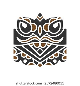 Intricate tribal frog face tattoo design with bold geometric and ornamental patterns in black and brown, symbolizing wisdom, transformation, and natures energy.