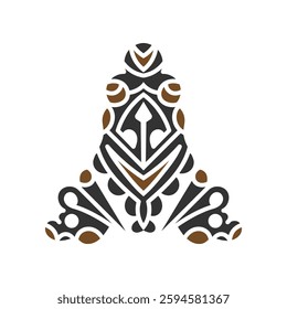 Intricate tribal frog tattoo design featuring bold geometric and ornamental patterns in black and brown, symbolizing transformation, adaptability, and nature. Tribal Frog Tattoo