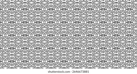 Padrão tribal intrincado inspirado em labirinto com repetição de símbolos e formas lineares em preto e branco. Ideal para fins de design decorativo, cultural e têxtil.