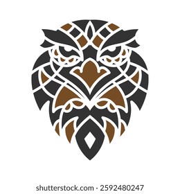 Intricate tribal owl tattoo design with bold geometric patterns in black and brown, symbolizing wisdom, intuition, and spiritual strength. Tribal Owl Tattoo with Symmetrical Geometric Patterns