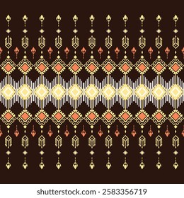 Intricate tribal pattern features geometric shapes in shades of yellow, orange and white on a dark brown background. Native American and Aztec motifs, perfect for textiles or decor.