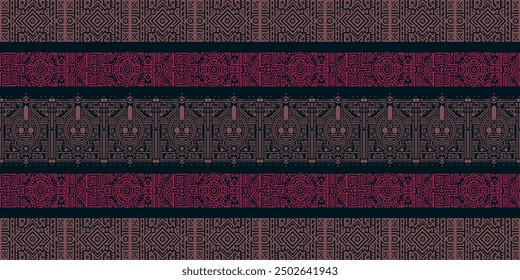 Intricate tribal pattern with geometric shapes and stylized masks. Dark background with maroon and pink accents. Ethnic, Aztec-inspired design.