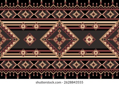 Intricate tribal pattern with large central diamond motifs, bold lines, and symmetrical geometric shapes in earthy red, beige, and black tones on a dark background.