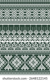 Intricate Tribal Pixel Art Seamless Pattern with Diverse Geometric Bands on Dark Green. Traditional Ethnic Folk Embroidery Style Digital Fabric Design.