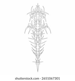 Intrincado diseño de lanza tribal con Elementos afilados y simétricos y líneas finas sobre un fondo blanco. Adecuado para tatuajes, calcomanías o obras de arte de fantasía.