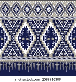  Intricate Tribal Textile Pattern A digital tribal textile design with geometric diamond and triangular motifs in navy blue, beige, and white  symmetrical pattern 