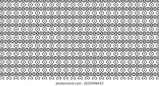 Padrão geométrico intrincado de inspiração tribal com repetição de formas de diamante e interlocks pretos arrojados, ideais para desenhos têxteis étnicos ou culturais.
