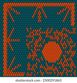 intricate tribal-inspired geometric pattern with a striking contrast of orange against a deep blue background