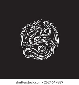Intricate Tribal-Style Dragon Design in Black and White Art Style