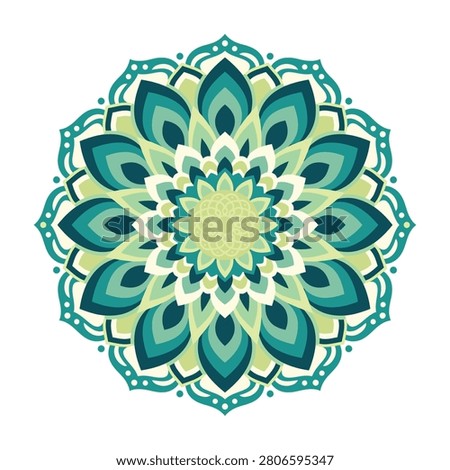 Intricate turquoise mandala design on white background, featuring vibrant patterns and shapes, ideal for decorative and artistic uses