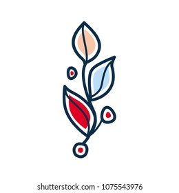 Intricate twig with red and blue leaves. Scandinavian rustic vector