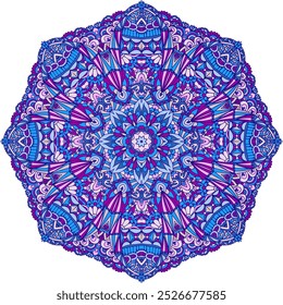 Intricate Vector abstract design medallion. Decorative ethnic mandala in blue and purple colors