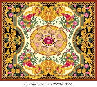 Design vetorial intrincado com motivos florais ornamentados, padrões de redemoinho e cores vibrantes. Ideal para tapetes gancho, decoração de casamento, papel de parede, ou desenhos de tapete, com um apelo tradicional, vintage