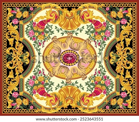 Intricate vector design featuring ornate floral motifs, swirling patterns, and vibrant colors. Ideal for hooked rugs, wedding decor, wallpaper, or carpet designs, with a traditional, vintage appeal