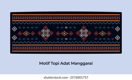 An intricate vector design of the Manggarai traditional hat, highlighting symmetrical ornaments and bold color palettes