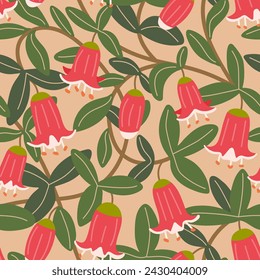 Intricate vector floral seamless pattern. Pink bell flowers, leaves and floral vines on peach background. Pretty botanical repeated design for fabrics, stationery. Intertwined stems of blooming shrub