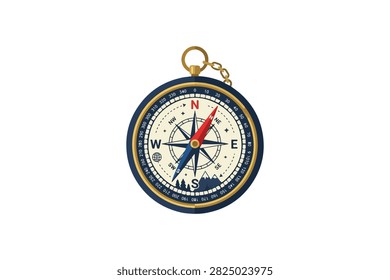 An intricate vector illustration of an antique nautical pocket compass encased in a polished gold or brass frame with a hanging loop at the top. 