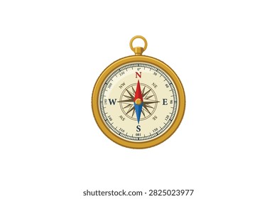 An intricate vector illustration of an antique nautical pocket compass encased in a polished gold or brass frame with a hanging loop at the top. 