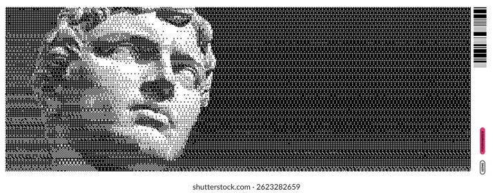 An intricate vector illustration blends y2k style with dada art, depicting a classical sculpture with vibrant contrasts and a unique texture. This visual embraces retro pop culture in a creative way.
