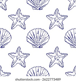Ilustração vetorial intrincada com vários elementos marinhos. Padrão contínuo com conchas, estrelas-do-mar e moluscos. Um design decorativo inspirado no oceano perfeito para têxteis e fundos.