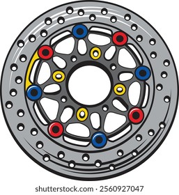 Intricate vector illustration of a motorcycle brake disc, showcasing vibrant design and precision engineering for motorsport enthusiasts