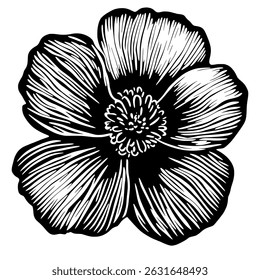 Ilustração vetorial intrincada de uma flor de papoula estilizada com uma textura detalhada e eclodida, apresentando contraste preto e branco arrojado para elementos de design.