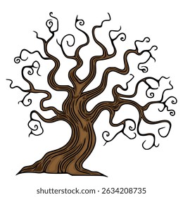 Intricate Vector Illustration of a Twisted Brown Tree with Curly Branches, Isolated on White Background