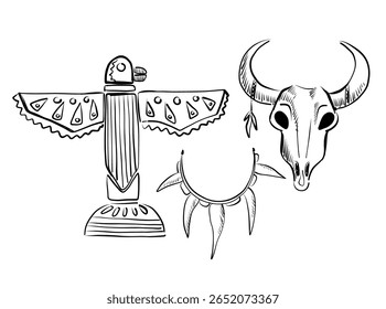 Ilustrações vetoriais intrincadas de um totem, crânio de touro e colar tribal apresentando herança cultural e arte.