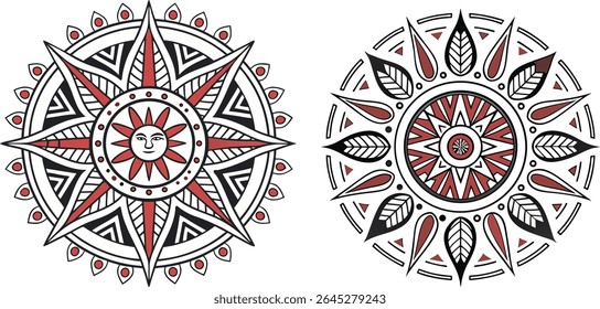 Intricate vector mandala designs in red black and white featuring floral and sun elements