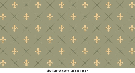 Intricate vector pattern with a classic design. Perfect for backgrounds and wallpaper. Motif of gold fleur-de-lis on a soft green background.