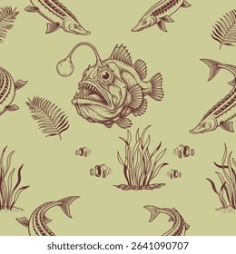 An intricate vector pattern featuring a captivating anglerfish surrounded by diverse marine life and aquatic flora, rendered in a vintage, hand-drawn style.